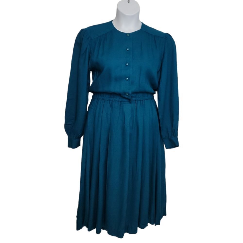 VINTAGE 70s teal shirt dress long sleeve jewel tone button‎ up midi S